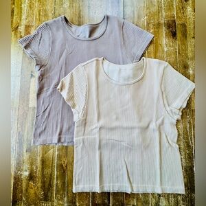 Ribbed Pair of Short Sleeve Baby Tees - Beige and Taupe
